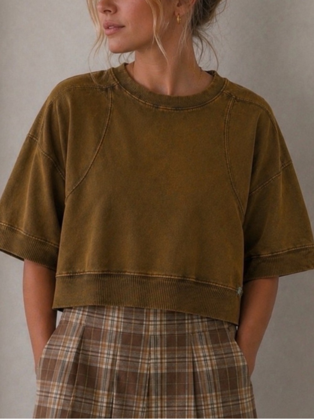 Cropped Boxy Drop Sleeve Short Sleeve Terry Top In Olive Mineral Wash Sz XS